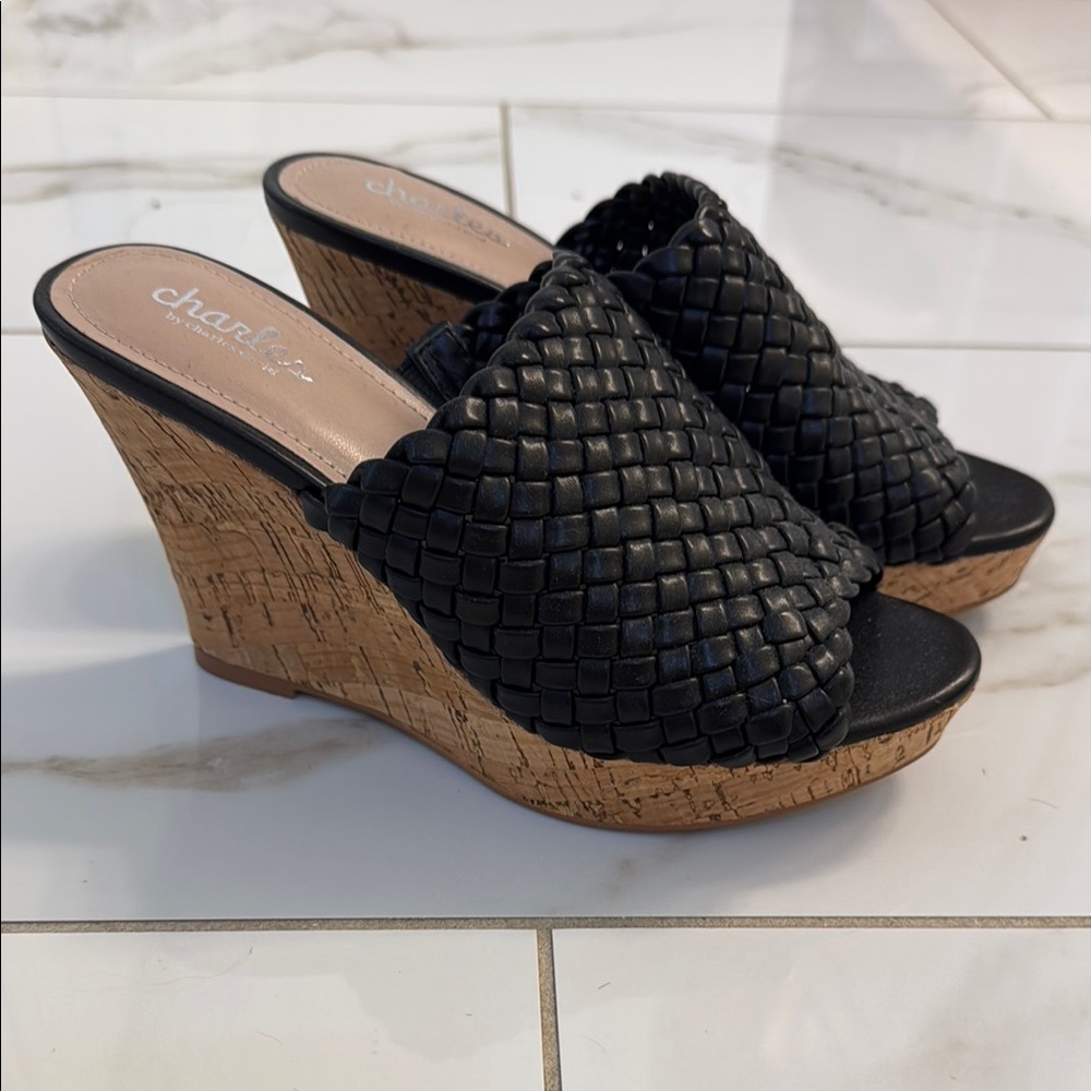 Charles David Black Woven Cork Wedges
